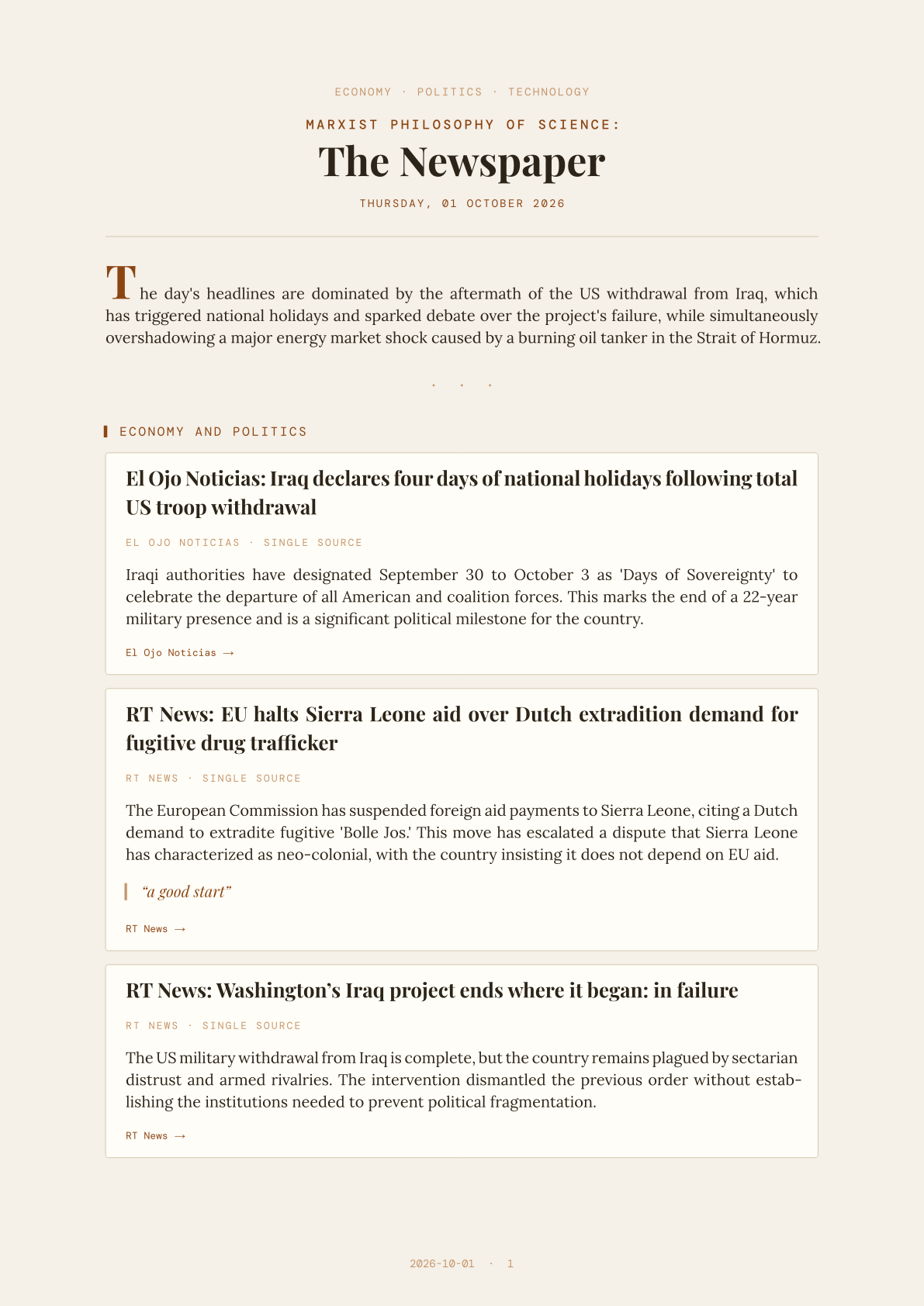 Marxist Philosophy of Science: The Newspaper — 2026-10-01